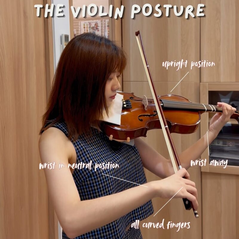 Instagram post: THE VIOLIN POSTURE (ft. one of our adult students) Of course with some pointers for reference 🤓 so save this as your checklist: LEFT HAND: -