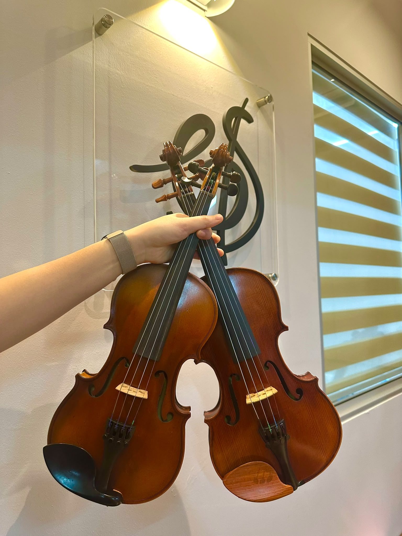 在 Bowed Strings Music Studio 标志前展示的两把租借小提琴